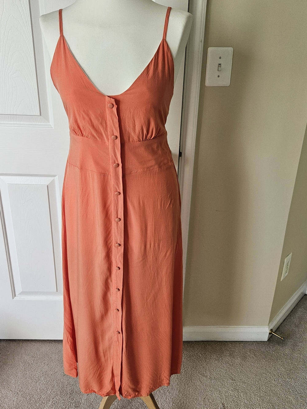 Summer coral silk midi dress - S/M